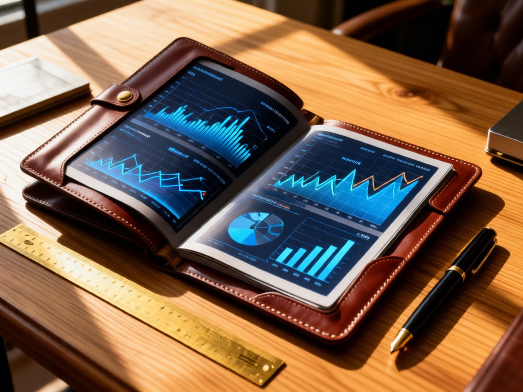 Stylish leather portfolio open on oak desk revealing biotech financial charts. Brass ruler and pen beside it catching afternoon sun. Warm, professional ambiance. No people.