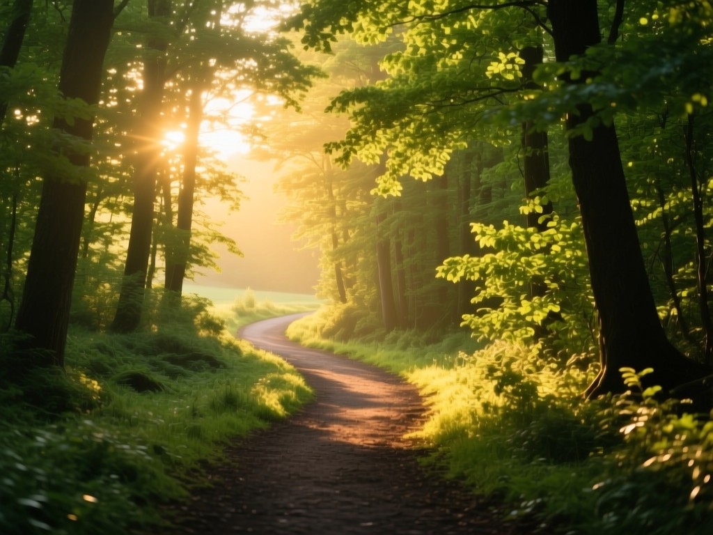 A winding path through sunlit forest at golden hour, leading toward bright clearing, soft lighting symbolizing discovery, vibrant green foliage, natural colors, no people.