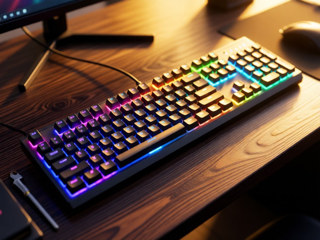 Aerial view of a gaming keyboard with RGB backlighting on a dark wood desk. Golden hour light creates warm glow around keys. Background softly blurred. Symbolizes precision tools for creators. No people.