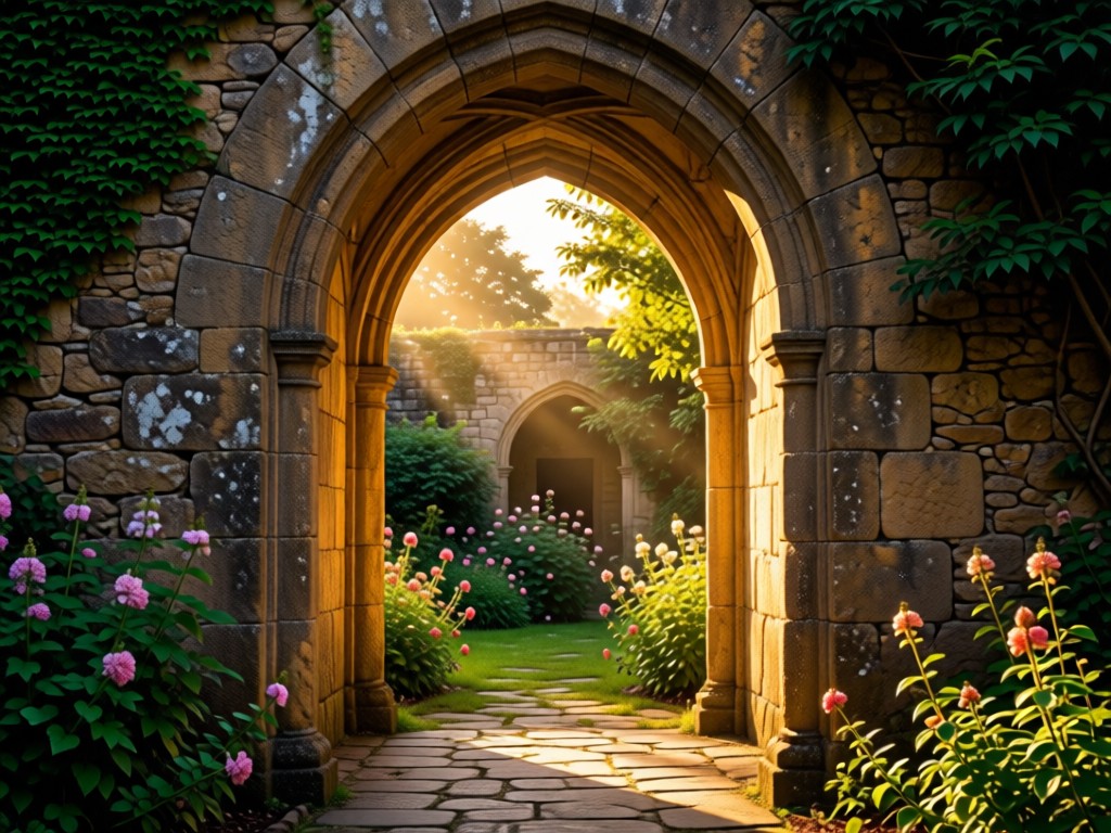 A single, weathered stone archway framing a sunlit courtyard garden. Symbolizes structured access to preserved beauty. Golden hour light creates depth through the arch. No people.