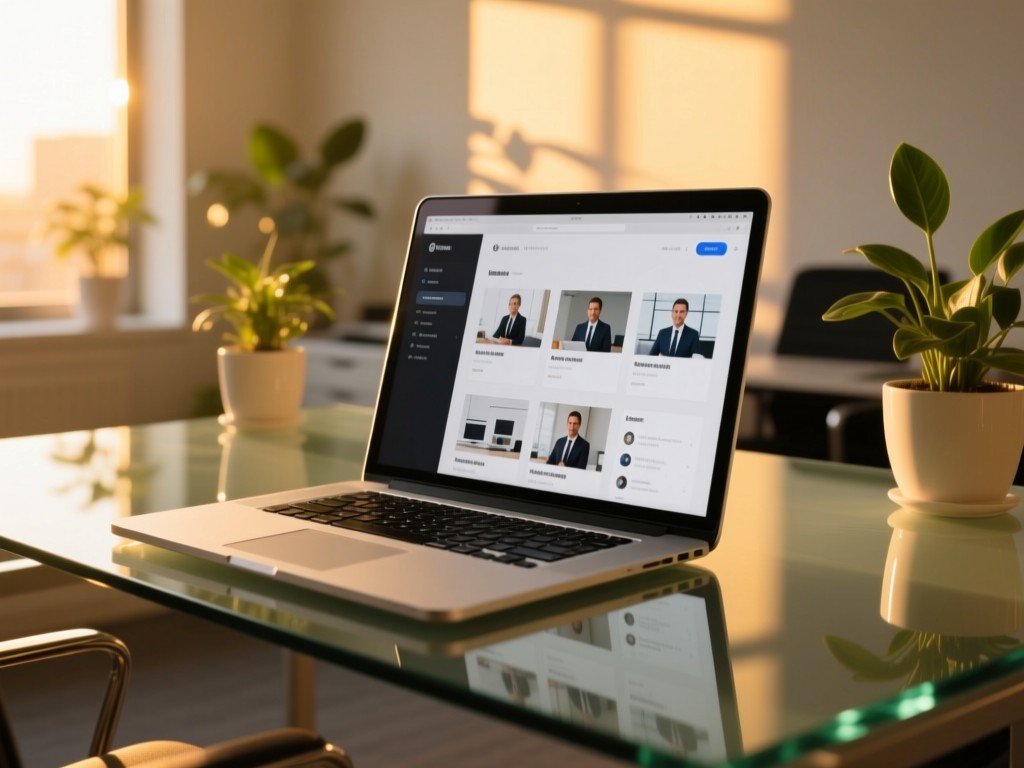 A sleek laptop on a modern glass desk during golden hour, screen displaying an organized professional portfolio, sunlight highlighting minimalist office plants, shallow depth of field, warm tones, no people visible.