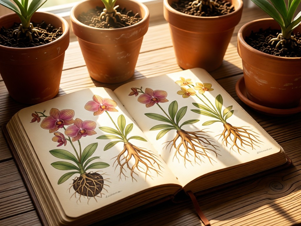 An open gardening journal with pressed orchid specimens beside terracotta pots. Morning light streams onto watercolor illustrations of root systems. Earthy textures. No people.