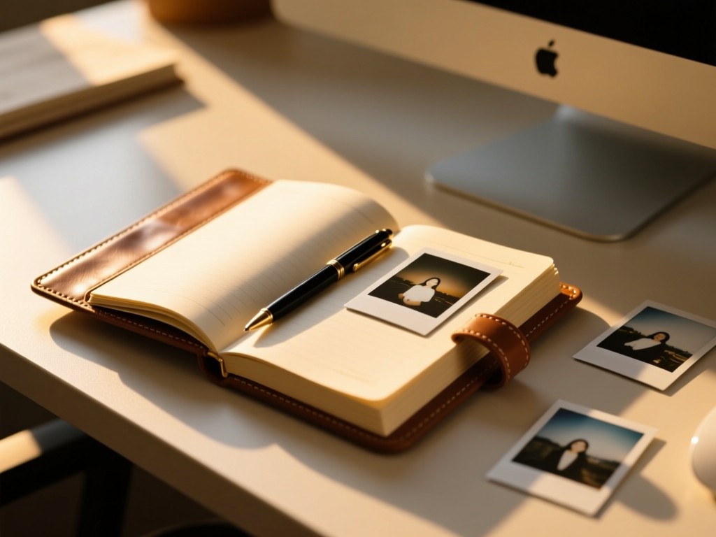 An open leather-bound notebook with a pen and polaroid photos on a desk during golden hour, soft shadows, warm natural lighting, minimalist composition.