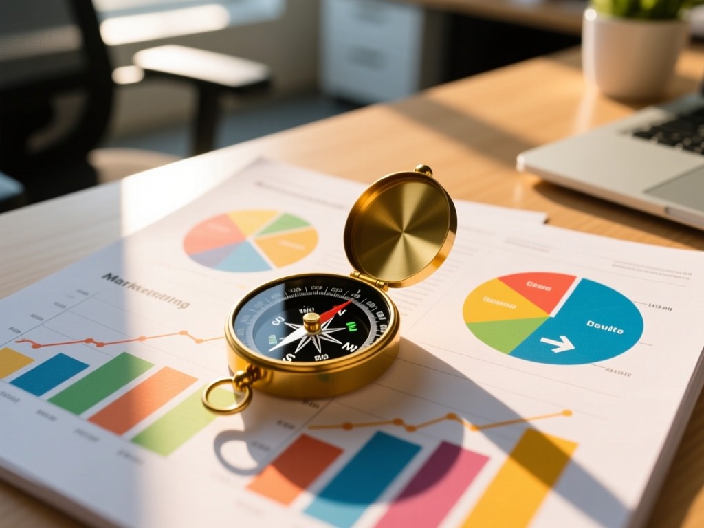 An aerial shot of a compass resting on colorful marketing report pages in a sunlit office. Symbolizes direction and measurable results. Warm natural lighting.
