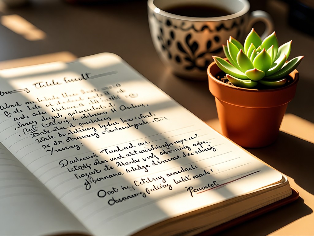 Open notebook with handwritten testimonials beside a small potted succulent. Sunlight streaming across paper texture. Coffee cup in blurred background. No people.