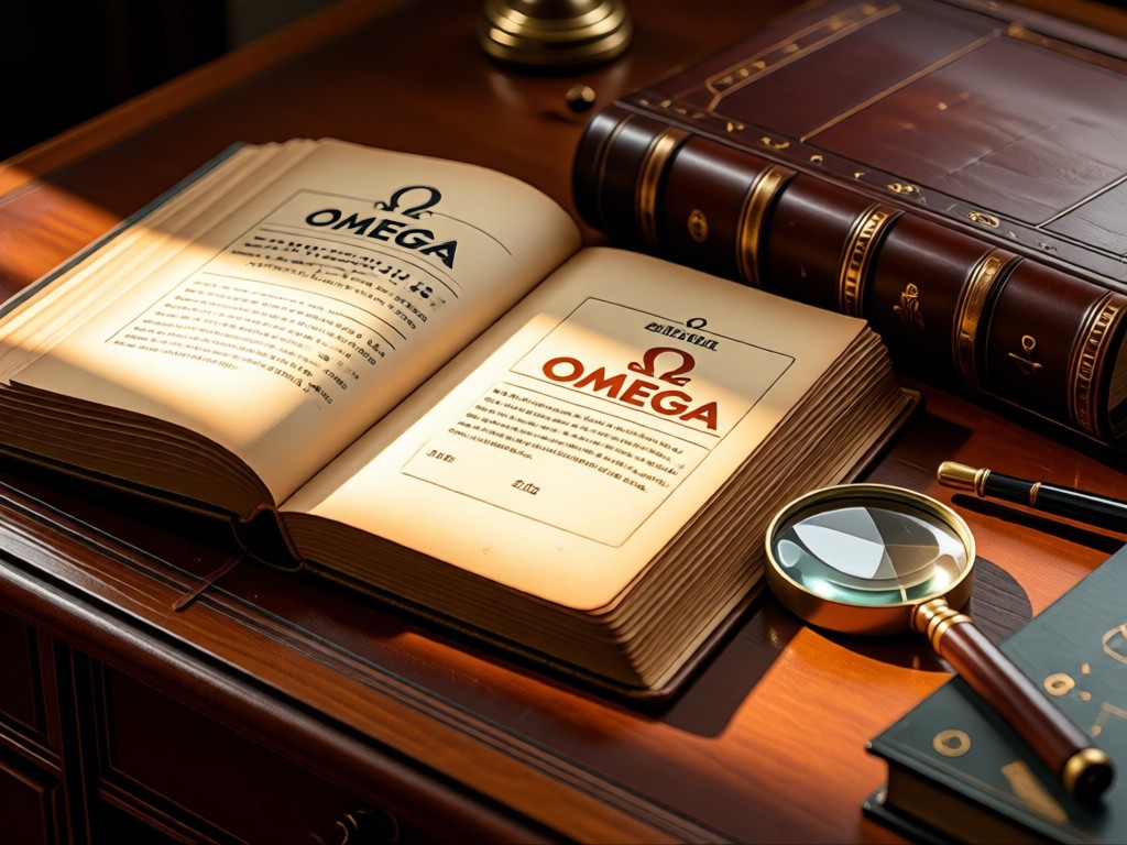 An open Omega archive book beside a loupe on a leather-bound desk. Sunlight illuminates faded ink on aged paper. Warm brown tones with soft shadows. No people.