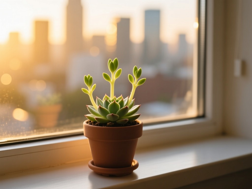 A single thriving potted succulent on a sunlit windowsill, new shoots unfurling against blurred cityscape. Golden hour glow, symbolism of organic growth, minimalist composition.