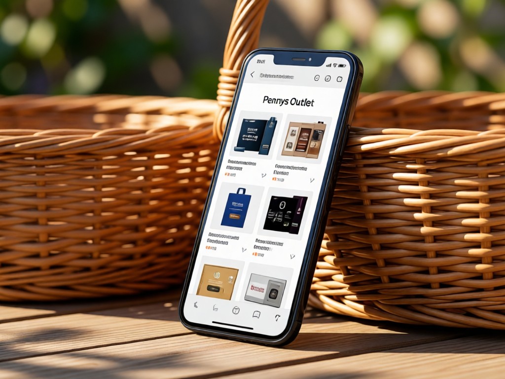 A smartphone displaying a clean Penneys Outlet product grid, propped against woven baskets. Natural textures with soft-focus background. Afternoon sunlight. No people.