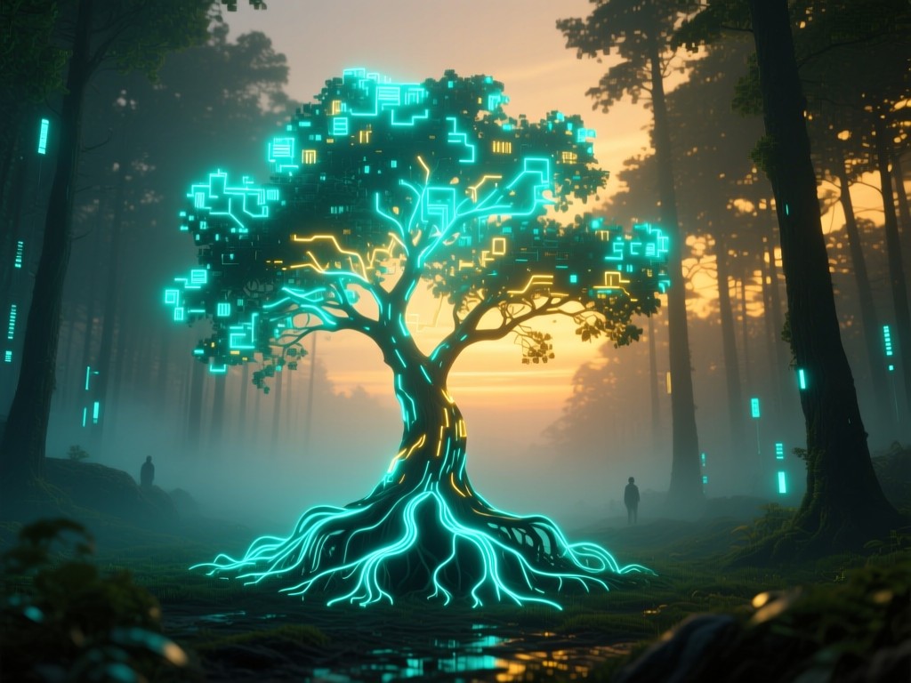 A single radiant digital tree in a neon forest at dusk, roots pulsing with data streams, symbolizing unified growth, teal and gold color palette, volumetric fog, no people.