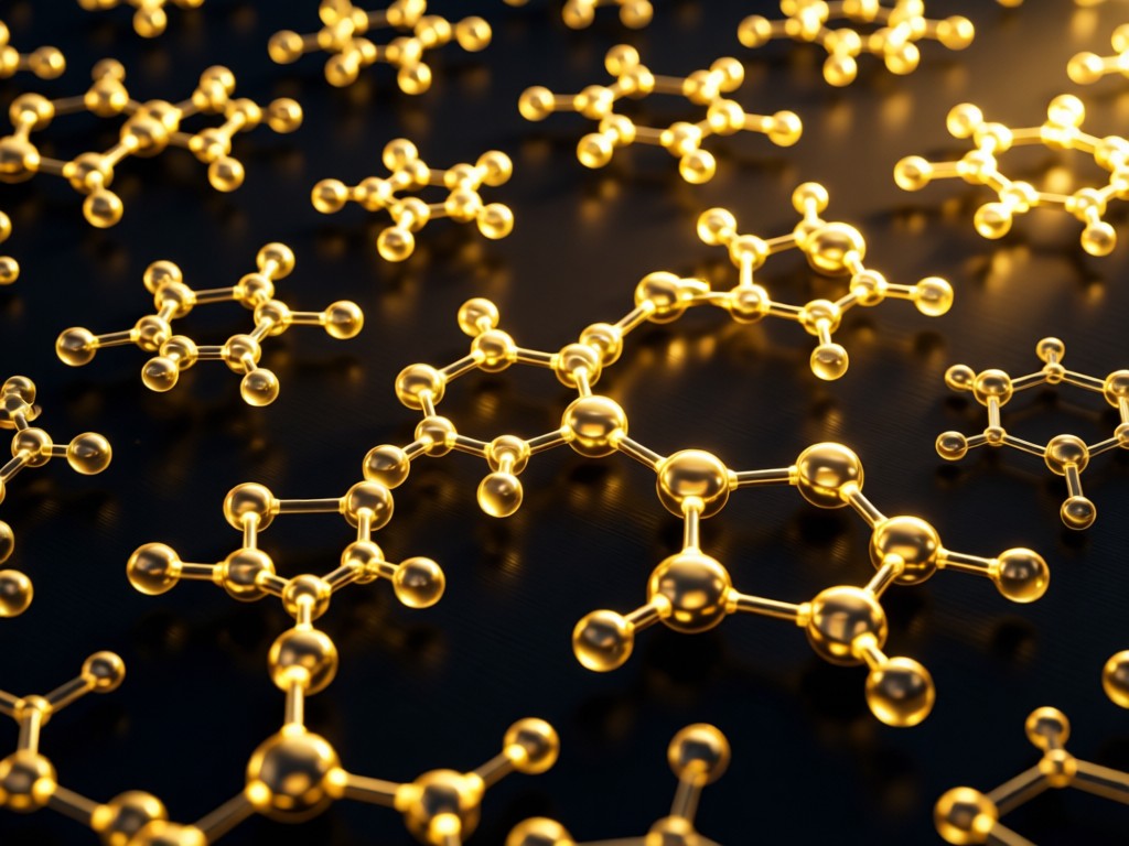 Aerial view of molecular structure models arranged like constellations on a dark surface, illuminated by warm golden light. Represents organized complexity and scientific clarity. No people.