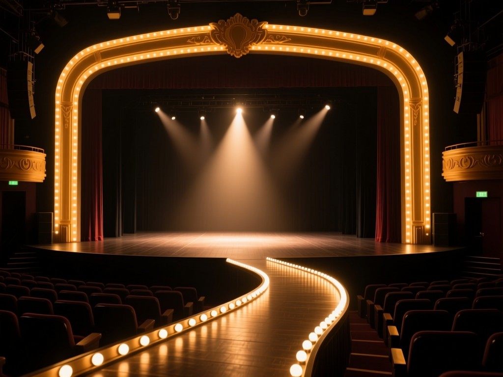 A winding theater marquee light path on a dark stage, leading to a spotlight center stage, warm golden tones, cinematic atmosphere, no human subjects.