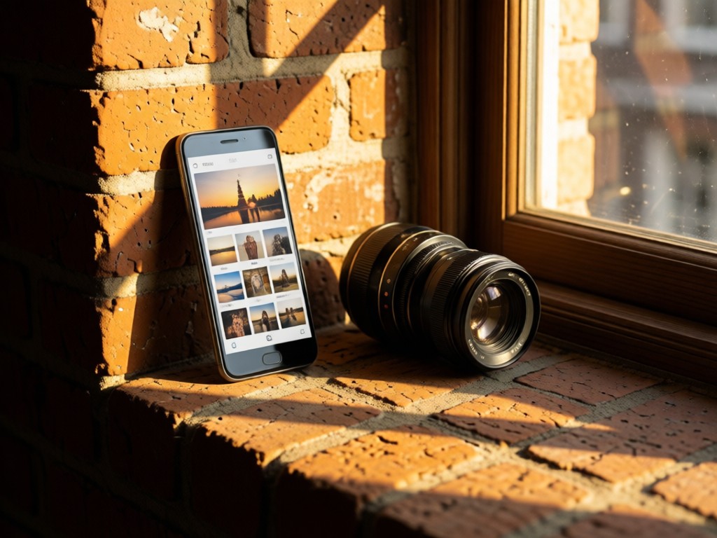 A smartphone displaying a photo gallery beside a vintage lens on a brick windowsill. Golden hour light casts long shadows across weathered bricks. No people.