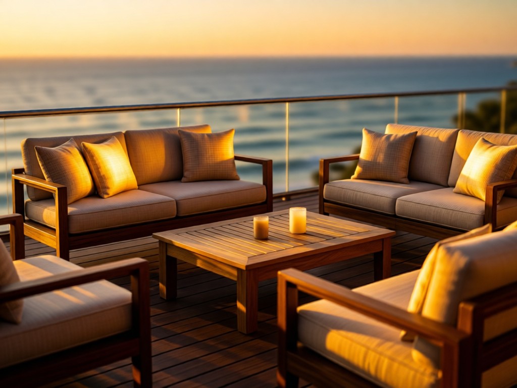 An elegant arrangement of patio sofas and coffee tables on a sunset-lit deck. Focus on furniture textures against blurred ocean views. Golden light highlights cushions. No people.