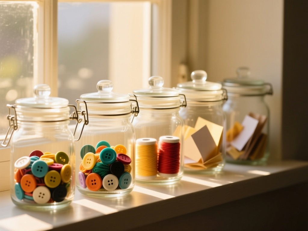 A set of interconnected clear glass jars on a sunlit windowsill, each containing different colored craft materials like buttons, threads, and paper, golden hour lighting, shallow focus, minimalist composition, no text.
