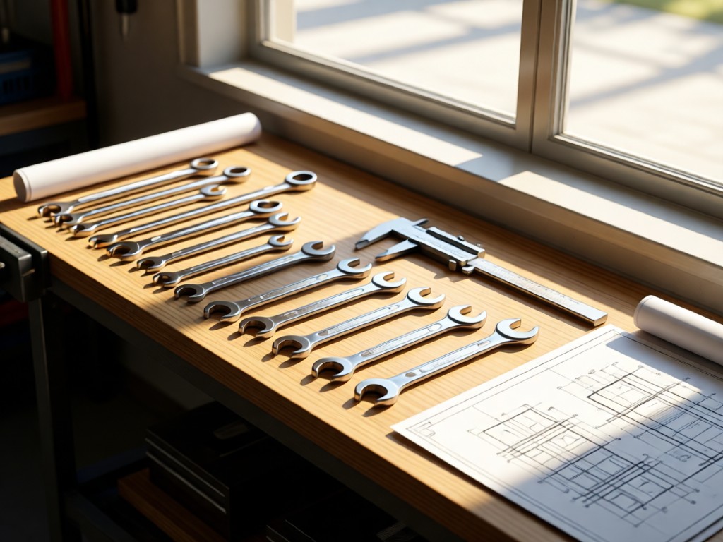 An angled view of sleek automotive tools arranged neatly on a workbench: wrench set, calipers, and blueprints. Soft morning light through garage windows creates clean shadows. No people.