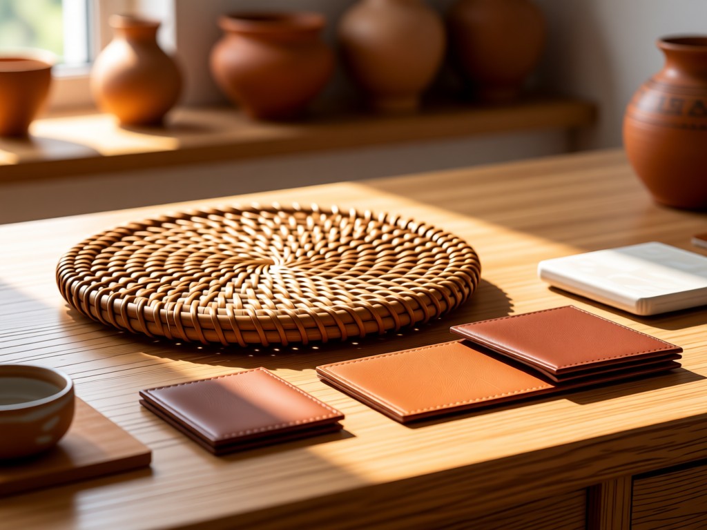 An elegant arrangement of natural brown materials: woven rattan, leather swatches, and ceramic samples on a sunlit oak desk. Soft focus background shows blurred earthenware. No people.