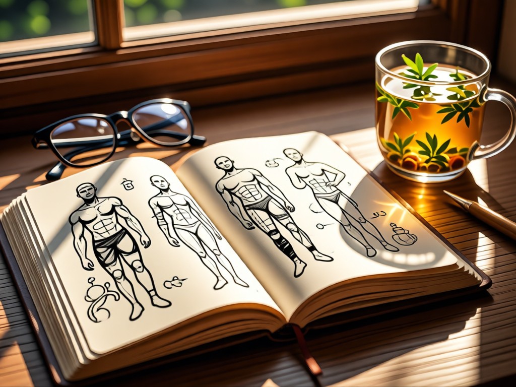 Open notebook with health sketches beside glasses and herbal tea. Sunlight filters through window onto textured pages. Warm, inviting atmosphere. No people.