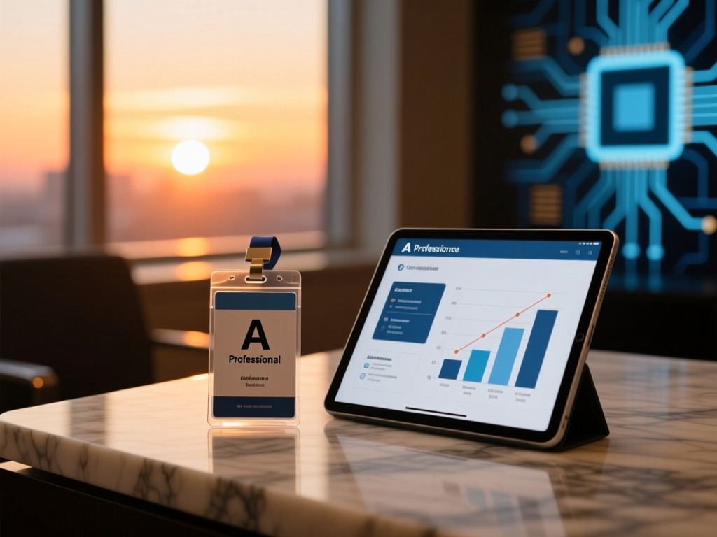 A professional conference badge beside a tablet showing presentation slides on a marble surface, sunset glow through window, shallow focus, warm tones with semiconductor imagery blurred in background.