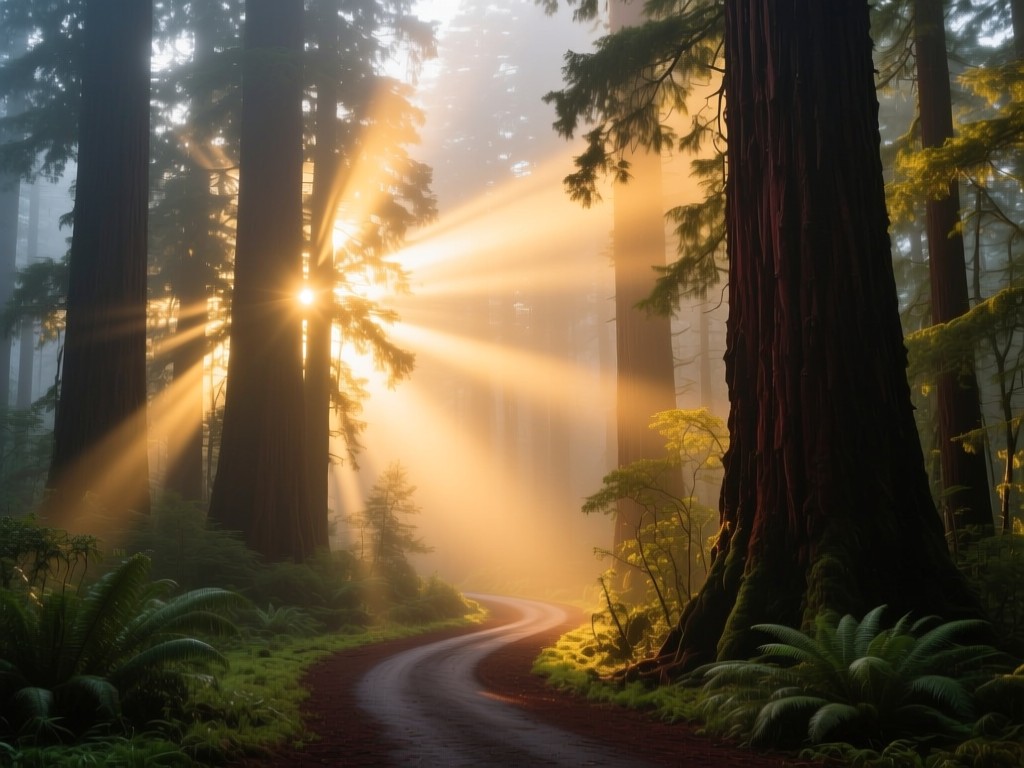 Sunlight breaking through mist in a redwood forest at dawn, golden rays illuminating a winding path, symbolic of spiritual discovery, cool and warm tones blending, ethereal atmosphere, no human presence.