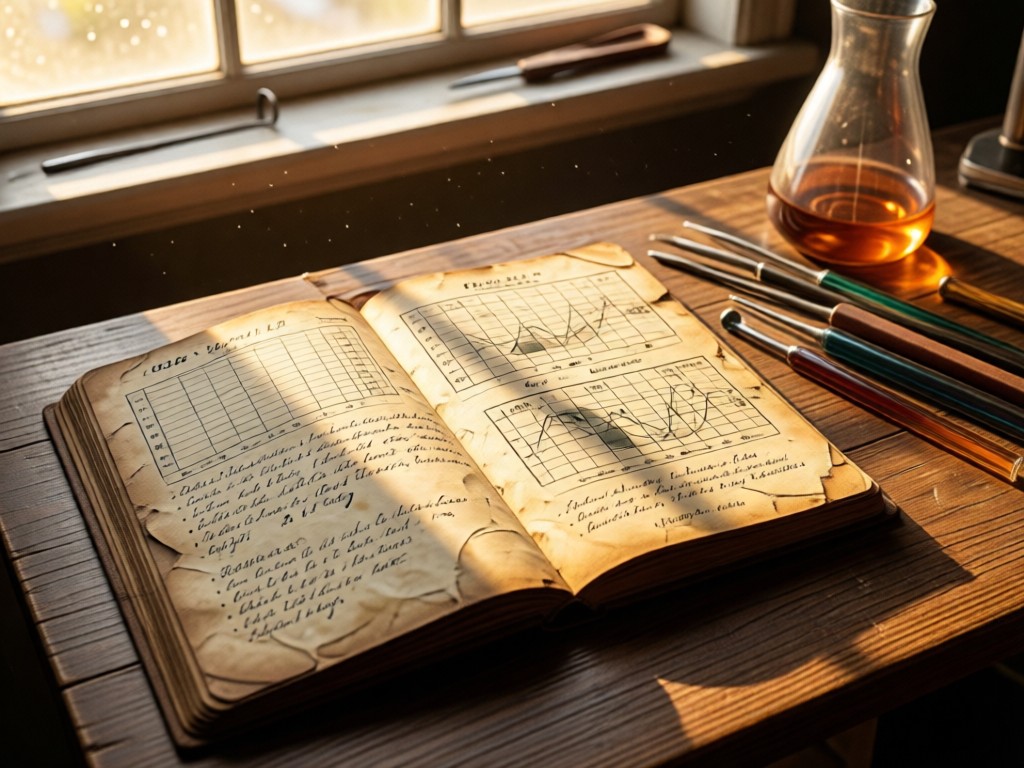 A weathered lab notebook open to viscosity charts beside molten glass tools. Late afternoon sun illuminates handwritten notes. No people.