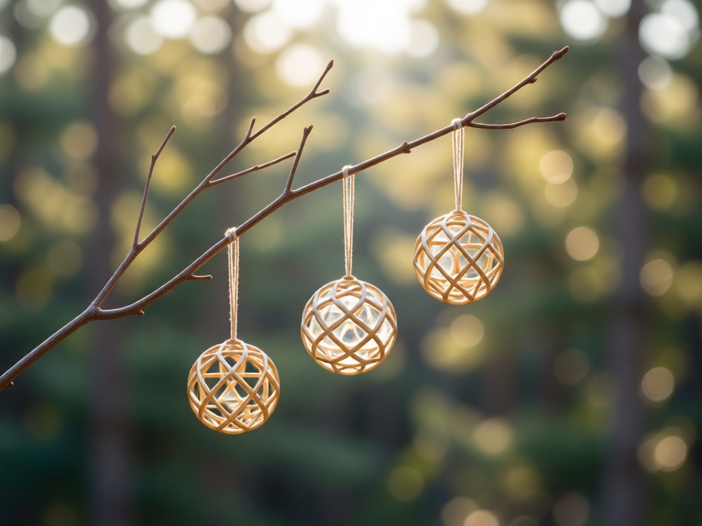 A minimalist branch display with three carefully placed handmade ornaments against a blurred natural background. Morning light creates gentle highlights. No people.