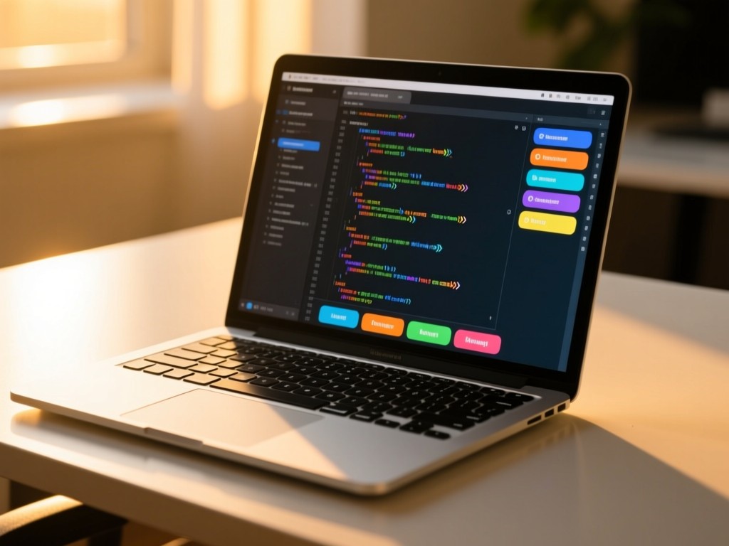 A sleek laptop open on a minimalist desk at golden hour, screen displaying organized code repositories with colorful language tags, warm sunlight highlighting keyboard details, shallow depth of field, no visible text.