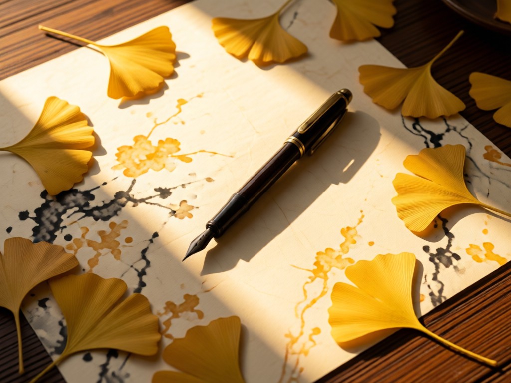 An aerial view of a single calligraphy pen resting on hand-marbled paper, surrounded by fallen ginkgo leaves. Symbolizes the fusion of tool and nature. Golden hour light. No people.
