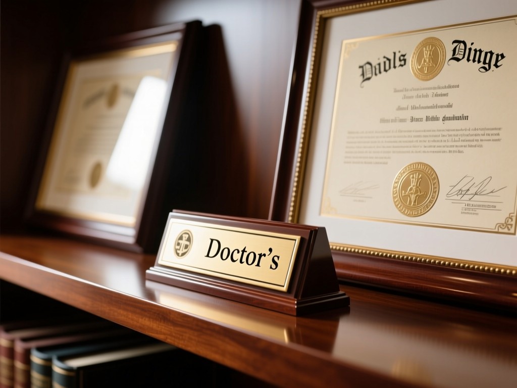 Close-up of a polished doctor's nameplate next to framed diplomas on a mahogany shelf. Soft daylight highlights engraved details. Professional and authoritative mood. No people.