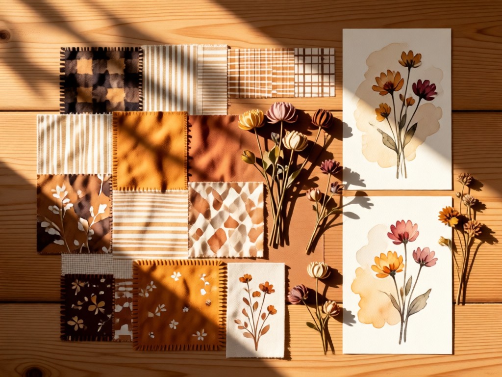 Design mood board featuring patchwork fabrics, pressed flowers, and watercolor sketches. Natural wood background with soft shadow play. Warm boho color palette. No people.