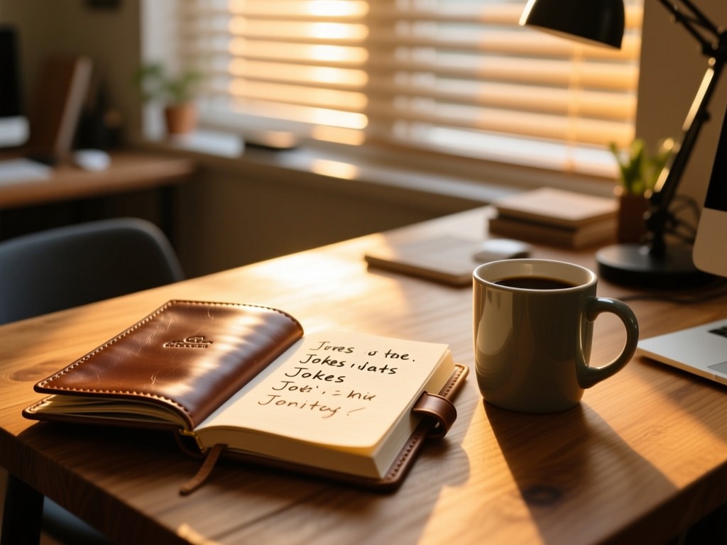 An open leather-bound notebook with handwritten jokes next to a coffee mug on a wooden table during golden hour, soft sunlight through window blinds, shallow depth of field, warm creative workspace.