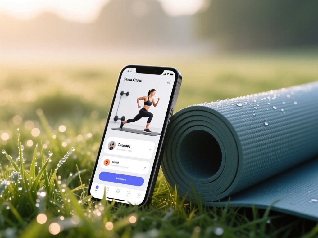 A smartphone displaying a clean workout app interface beside a rolled yoga mat. Soft morning light illuminates dew on grass outside. Minimalist tech and fitness blend. No people.