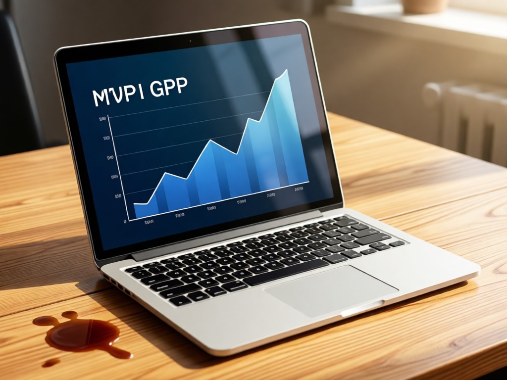 An open laptop displaying a clean GDP growth chart on a wooden desk. Sunlight highlights the screen's gloss beside a coffee stain. No people.