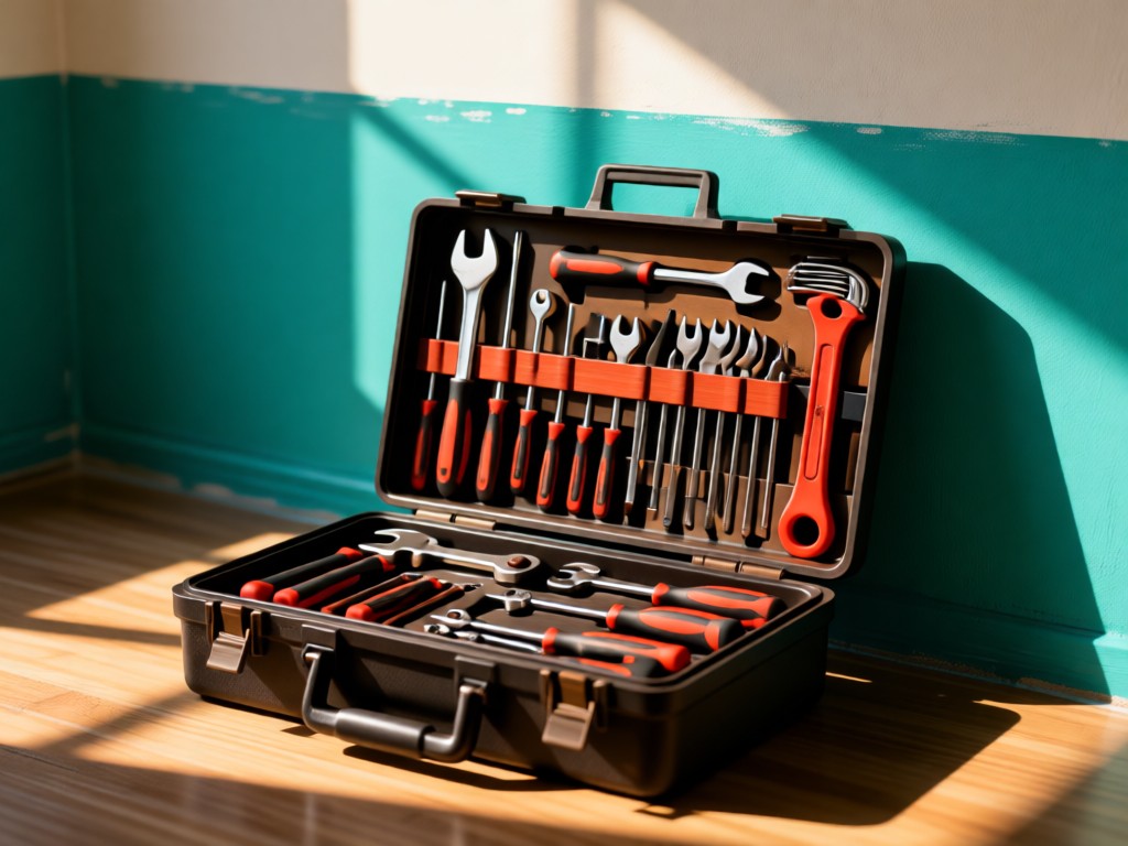 An open toolbox with perfectly arranged tools against a freshly painted teal accent wall. Symbolizes readiness and transformation. Soft afternoon shadows. No people.