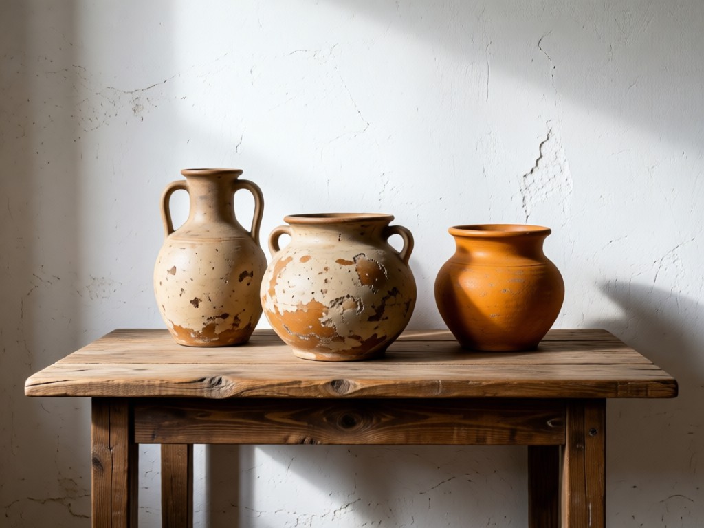 A rustic wooden table displaying three primitive pottery pieces against a whitewashed wall. Soft directional light highlights textures and imperfections. Neutral earth tones with pops of ochre. No people.