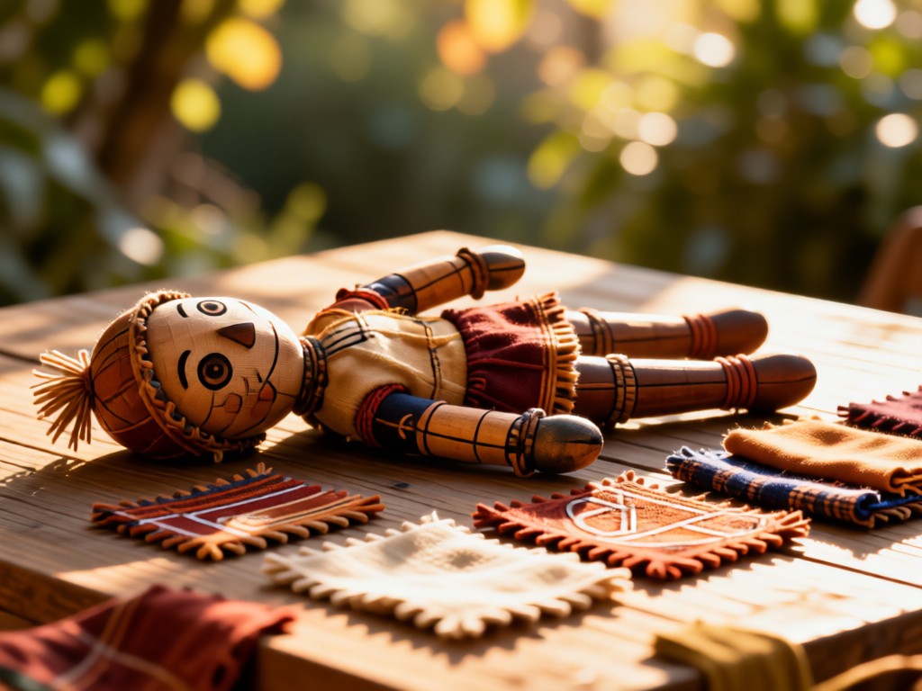 Handcrafted voodoo dolls and fabric swatches in earthy tones on a sunlit table. Natural textures with soft focus background. Warm highlights on materials. No people.