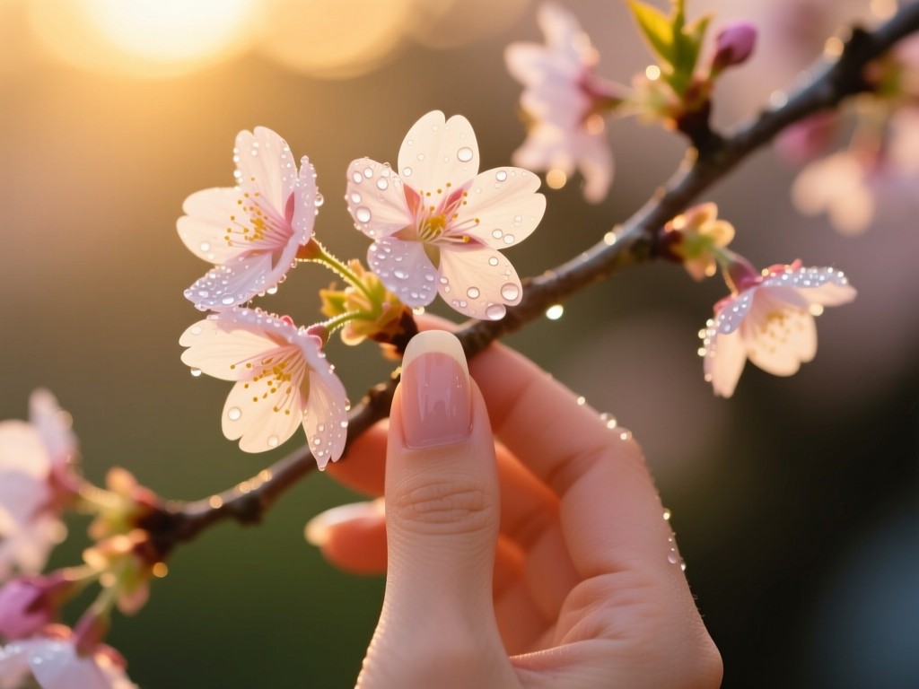 Single elegant manicured hand holding a blooming cherry blossom branch at golden hour, soft backlighting, dew drops on petals, warm color palette, shallow focus, symbolic of growth.