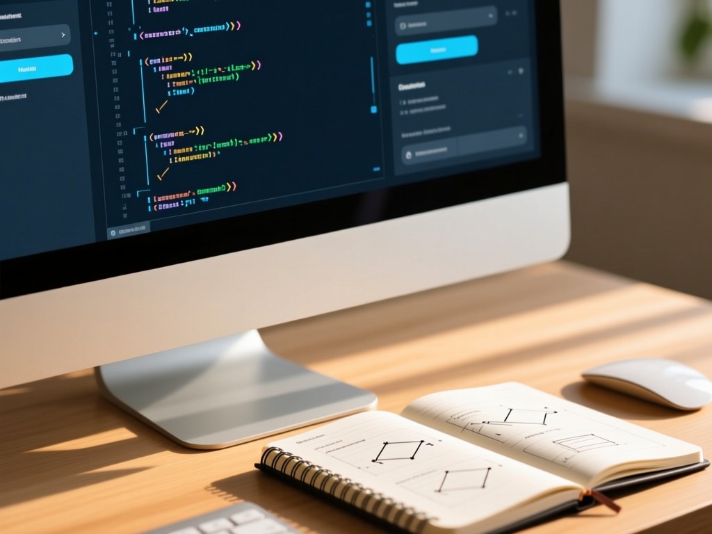 Close-up of a sleek monitor showing a software interface mockup. A notebook with coding diagrams lies beside it in warm sunlight. Clean tech aesthetic. No people.