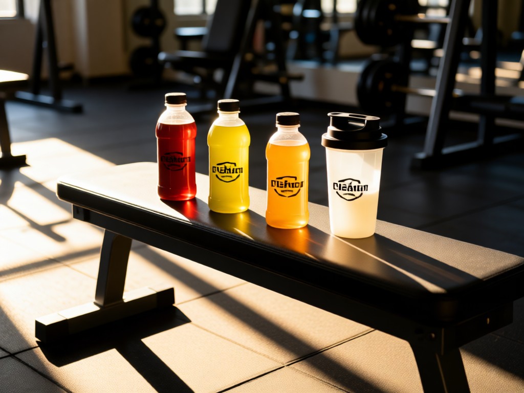 Neatly arranged sports drink and protein shaker on a gym bench. Morning light creates long shadows. Brand logos subtly visible. No people.