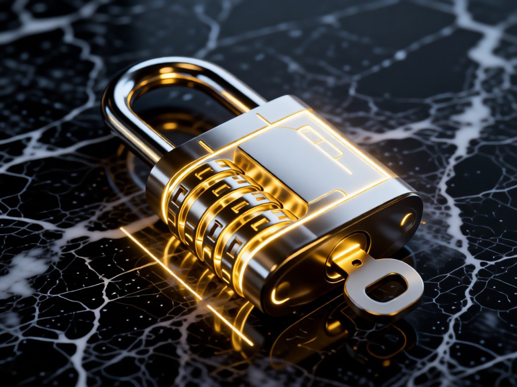 Abstract close-up of a digital padlock glowing on a dark marble surface. Golden light accents the metallic texture. Minimalist and high-tech aesthetic. No people.