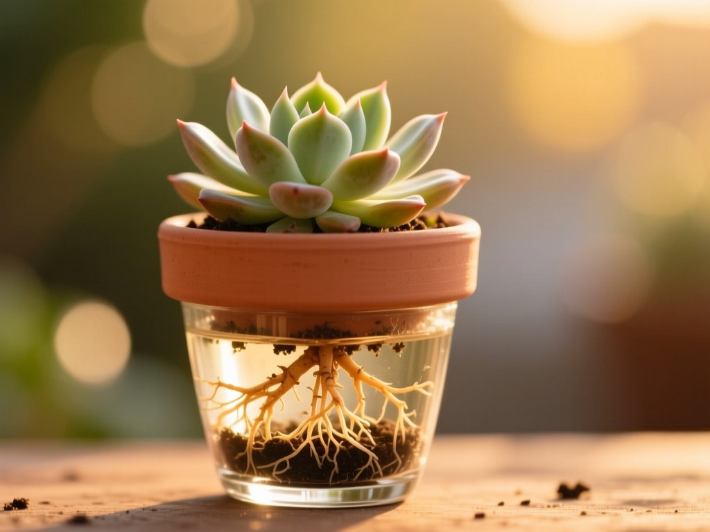A single thriving potted succulent in golden hour light, roots visibly spreading through glass soil—symbolizing organic growth. Soft bokeh background, warm terracotta pot, no text.