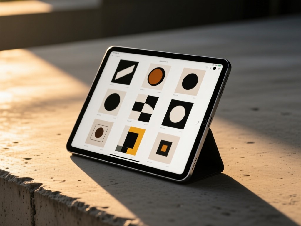 A sleek tablet on a concrete surface during golden hour, screen displaying a grid of abstract artworks, soft sunlight casting long shadows, monochromatic background, shallow depth of field.