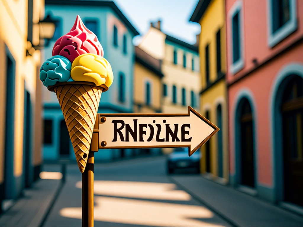 A vintage ice cream cone signpost pointing toward a sun-drenched street. Blurred background shows colorful buildings. Warm shadows emphasize summer vibes. No people.