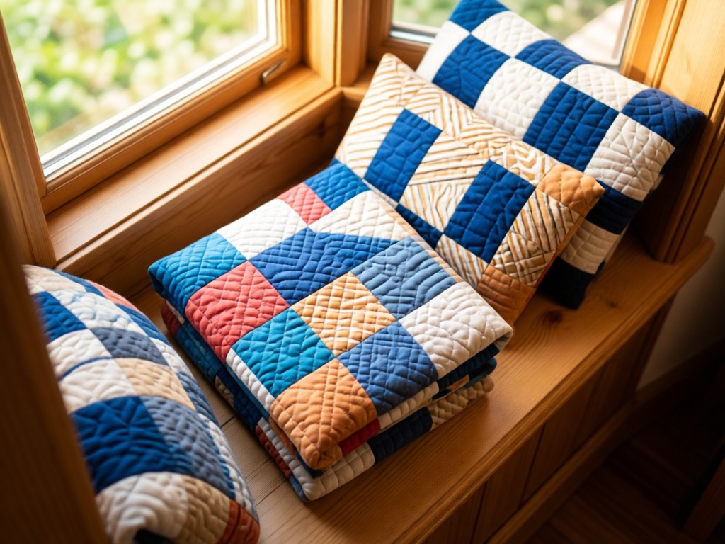 Overhead shot of folded quilts in complementary colors arranged in a sunlit window nook. Natural textures of fabric and wood visible. Soft focus on quilt patterns. No people.