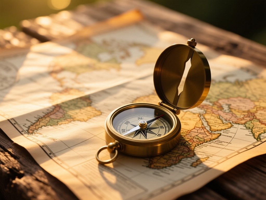 A compass and vintage map laid out on a wooden surface during golden hour, soft sunlight highlighting details, warm lighting, natural textures, symbolic of discovery, no people in frame.