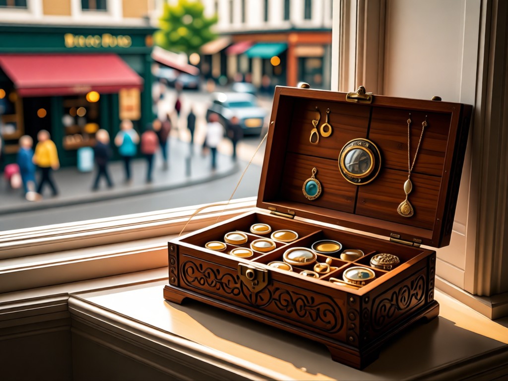 An open antique jewelry box displaying diverse items on a sunlit windowsill. Outside focus shows a bustling street scene blurred. Represents accessibility and value. No people.