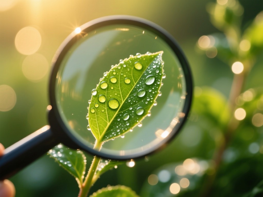 A magnifying glass focusing on a dewy plant leaf at golden hour, symbolizing discovery, soft bokeh background, warm natural lighting, vibrant greens, no text or people.