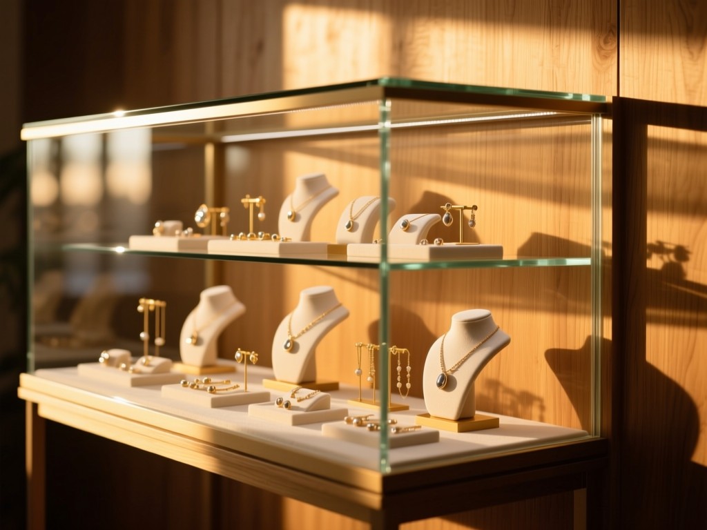 A minimalist glass display case during golden hour, filled with organized jewelry and accessories, soft sunlight highlighting textures, shallow depth of field, warm wood background, no people.