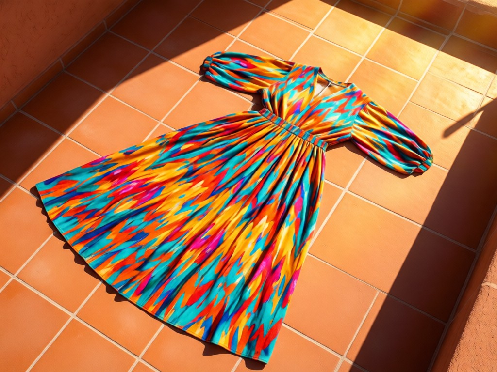 Aerial view of a vibrant plus-size fashion garment laid flat on terracotta tiles. Sunlight highlights the fabric's texture against warm earth tones. The composition radiates confidence and organic beauty. No people.