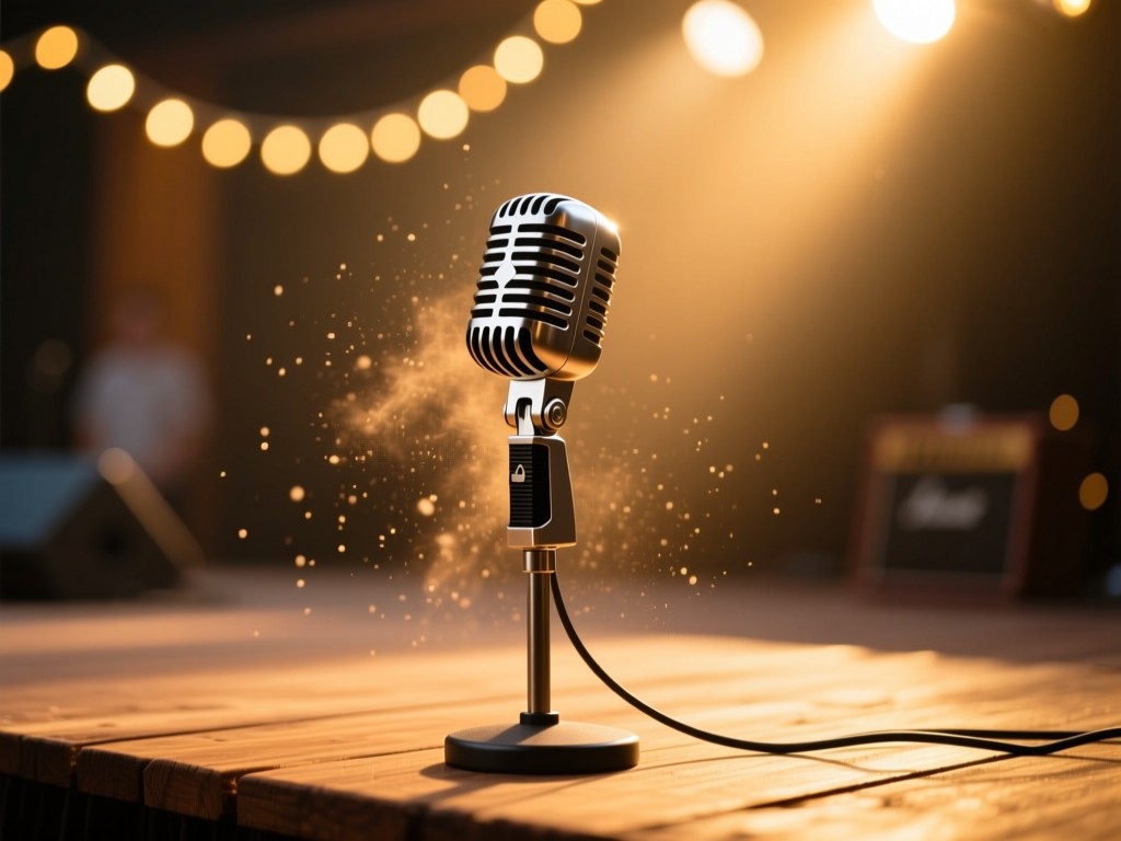 A vintage microphone on a wooden stage during golden hour, soft sunlight highlighting dust motes, shallow depth of field with blurred string lights in background, warm tones, no people.
