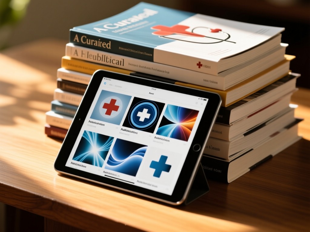 A curated stack of medical journals with a tablet showing abstract publication thumbnails. Warm sunlight creates depth on a wooden surface. No people.
